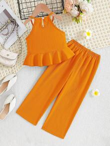 Young Girl' Summer Sleeveless Ruffled Hem Solid Color Casual Jumpsuit - Orange - View 2
