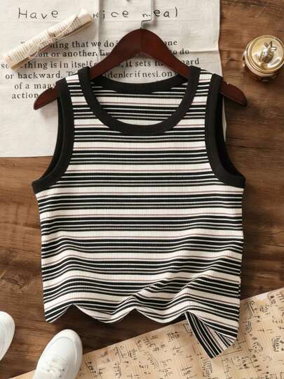 Áo tank top không tay kẻ sọc màu mơ cho bé gái, kiểu dáng tối giản, phù hợp cho các hoạt động ngoài trời/mặc hàng ngày, thoải mái, có thể giặt máy, trang phục mùa hè đa năng.