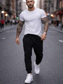 Calça De Moletom Ideal Para Inverno Jogger Masculina Tecido Peluciado Com Punho - Preto - Visão 3