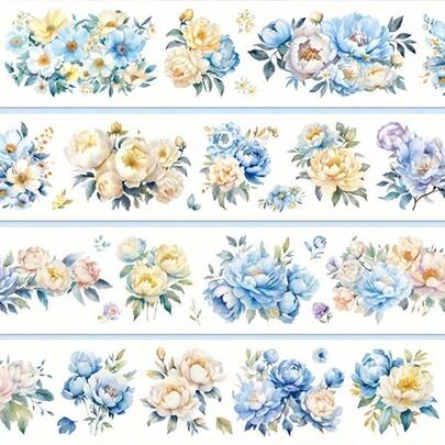 2m Blue Floral Shell Glossy PET Decorative Tape Roll, Vintage Sticker Scrapbooking Stationery Planning Accessories