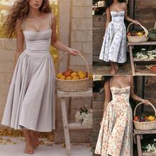 2026 Spring New European And American Women's Fashion French Elegant Retro Style Dopamine Strap Dress - 24586-綠色碎花 - 查看 2