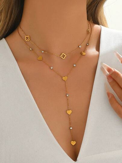 2pcs Stainless Steel Rhinestone Inlaid Flour-Leaf Clover Pendant Necklace, Fashionable Elegant Cubic Zirconia Decor Heart Pendant Y-Shaped Necklace, Sexy Clavicle Necklace Suitable For Women Daily Wear Or Gift Giving