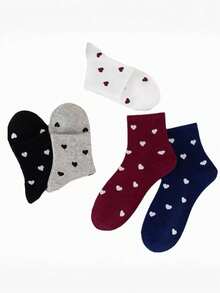 5 Pairs Heart Pattern Mid-Calf Socks, Simple High Elasticity, Moisture-Wicking, Breathable, Sports Casual Socks, Randomly Shipped - Multicolor - View 4