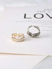 1pc Starry Sky Sparkling Pearl Double-Layer Open Ring, Luxury Niche Fashion Knuckle Ring - Multicolor - View 3