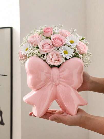 1个超大蝴蝶结装饰花瓶，可爱丝带设计，适合家居装饰、客厅桌面、卧室置物架和礼品展示