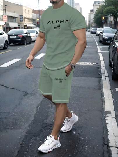 Bộ quần áo nam tay ngắn màu xanh quân đội in chữ cái và quốc kỳ, quần short thể thao mùa hè, món đồ không thể thiếu cho phong cách thời trang đường phố Mỹ.