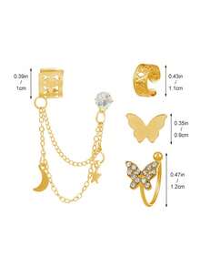 4pcs Tassel Gold Ear Cuffs, No Piercing Required; 4pcs Hollow Butterfly Metal Ear Cuffs, No Piercing Required; C-Shape Ear Clip Set - Gold - View 3