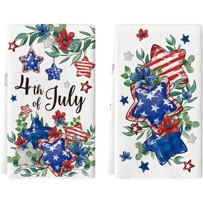 2pcs Patriotic Theme Kitchen Towels, Red & Blue Star & Floral Pattern, Super Absorbent Kitchen Cloths, Dish Drying Rags, Cleaning Cloths, Soft & Durable Material, Decorative Items, Gifts For Family & Friends, Suitable For Cooking, Baking, Cleaning, Bathroom, Dining Table Decor - Perfect Home Decor Choice.