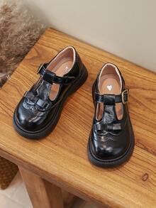 Girls' British Style Leather Shoes, T-Strap, Brogue Carving, Versatile School Shoes For Spring & Autumn - Black - View 2