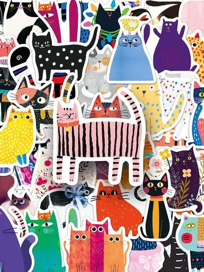 50张彩色涂鸦贴纸，可爱猫咪贴纸，卡哇伊贴纸，装饰贴纸，可用于水瓶、吉他、行李箱、手机、手机壳、笔记本电脑、滑板等，礼品装