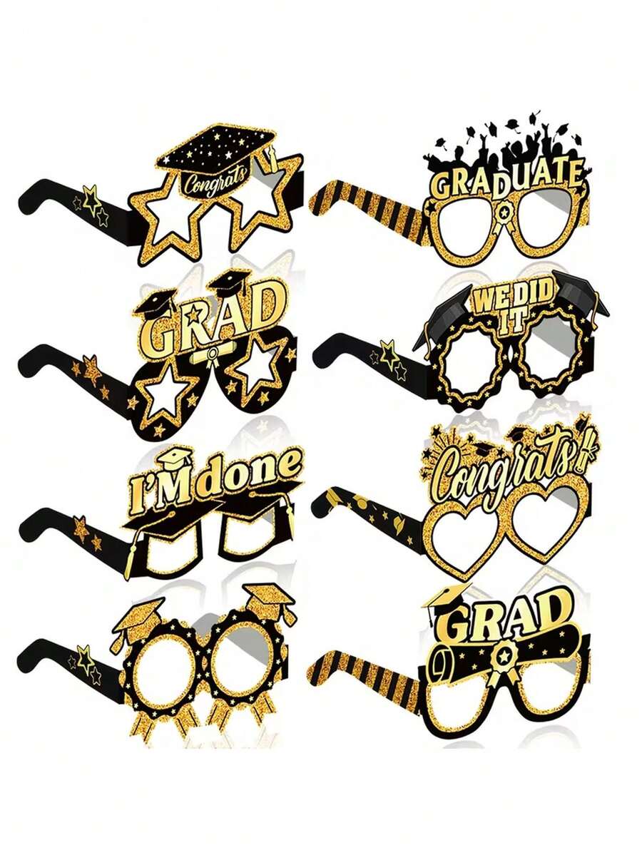 8pcs/Set Black & Gold Paper Glasses, Graduation Photo Props, Graduation Party Paper Glasses Decor, Graduation Ceremony Funny Glasses Decorations, Suitable For Party Decor And Home Decor - Multiple Styles - View 1