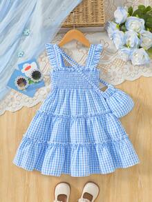 女童无袖雏菊格子印花连衣裙，配手提包，休闲日常穿搭，夏季 - 淺藍色 - 查看 2