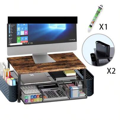 MOFOROCO Computer Monitor Stand For Desk, Laptop Riser, Desk Organizer With Drawer And 2 Pen Holders, Desk Monitor Stand Underneath Storage For Office, Home, School Supplies, Computer Monitor Stand, Shelf For Top Of Desk