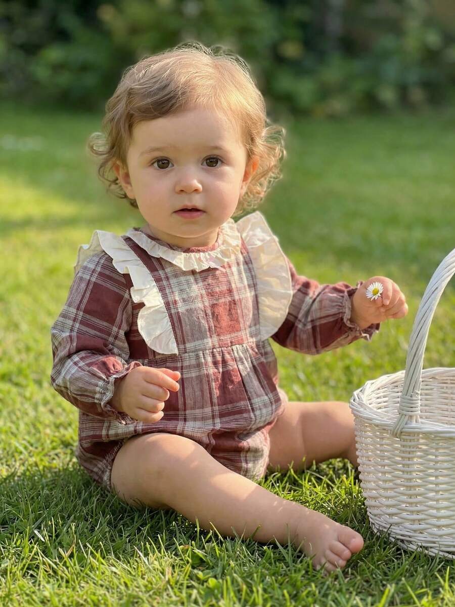 Spring Baby Girls' Plaid Romper, Korean Style Lace Trim Bodysuit, Autumn - Red - View 1
