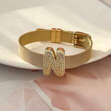 1pc Creative Fashion Elegant Design Exquisite Light Luxury Titanium Steel Inlaid Synthetic Zirconia 26 Alphabet Bracelet For Women Couple Jewelry Delicate Gift, Suitable For Mother's Day,Daily Dates, Parties, Summer, Beach,Holidays, Wedding, Vacation Wear - Gold - View 15