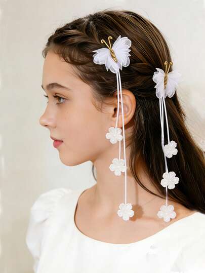 2PCS White Butterfly Hair Clip For Girls, Floral Fringe Hair Barrettes For Casual And Versatile Hair Accessories, Suitable For Daily Outings And Wedding Season Hairpins Teens Hair Accessories