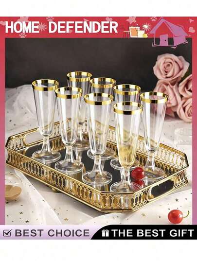 50pcs/25pcs/10pcs Gold/Silver/Rose Gold Champagne Glasses, Cocktail Glasses, Party Cups, Toasting Flutes, Decorated With Gold Trim, Suitable For Picnics, Weddings, Parties, Mixology Events And Outdoor Celebrations, Elegant And Easy To Clean
