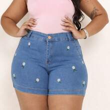 Women's Plus Size Denim Shorts With Elastane And Sunflower Embroidery - Comfort And Style - 藍白色 - 查看 2