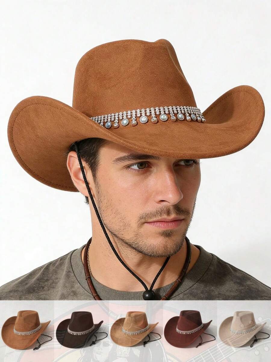 1pc Western Style Rhinestone Cowboy Hat, Adjustable Anti-Slip Strap, Suitable For Daily Wear, Music Festivals, Parties - Top Hat - View 1