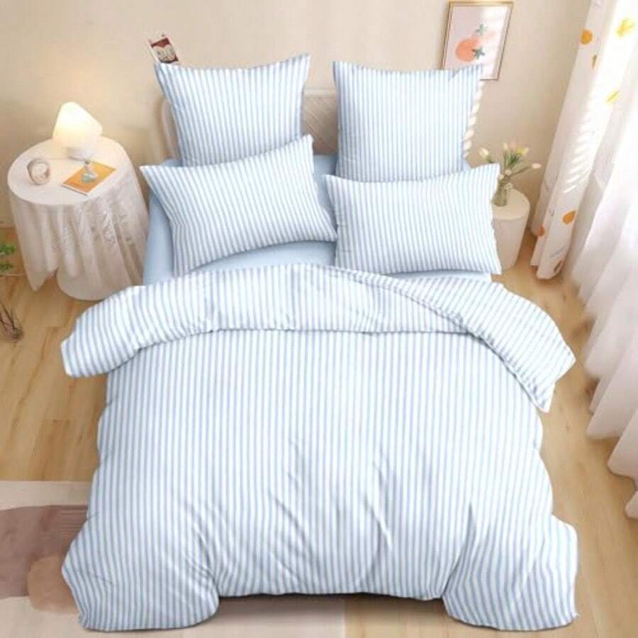 Blue Striped Duvet Cover Queen Size White Stripe Duvet Cover Dorm Bedding Set 3 Pieces Soft Lightweight Washed Microfiber Farmhouse Bedding Set Gifts For Women Men - 01 藍色條紋 - 查看 1