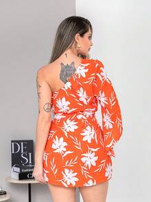Women's Elegant Printed One-Shoulder Short Jumpsuit With Belt | 3/4 Sleeve Flare Casual Chic - 橘色 - 查看 7