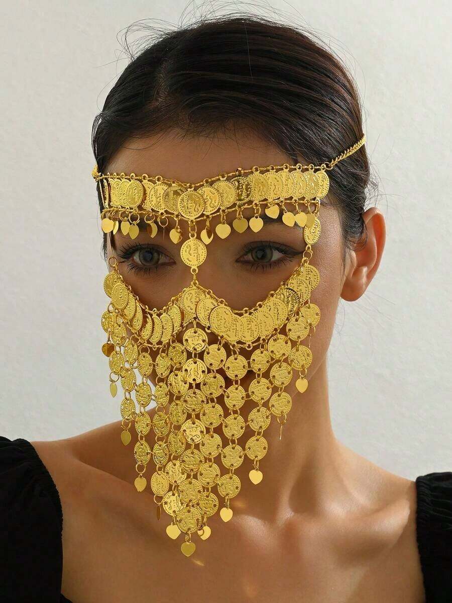 1pc Luxury Arabic Bride Gold-Plated Face Chain With Text & Heart Pattern, Bridal Accessory Algerian Women - 均碼 - 查看 1