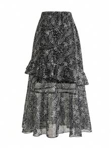 EARO Women's Chiffon Long Floral Dress, Layered Ruffle Design, Non-Stretch Fabric, Creates Elegant & Fashionable Look - Black - View 3