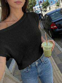 2026 Spring/Summer New Women's Casual Elegant Asymmetrical Neck Knit Shawl Cover Up, Black, Suitable For Casual Outings, Dates, Street Style, Summer Wear, Holiday, Elegant Tops, Street Fashion, Party Tops, Concert, Festival Vacation Beach - Black - View 2