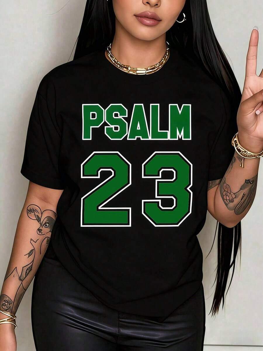 Hot Classic StyleWomen's Psalm 23 Jersey Premium T-Shirt - Casual Short-Sleeve Crew Neck T-Shirt With Bright Green Lettering, Soft And Breathable - 黑色 - 查看 1