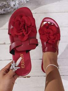 女士圆头平底凉鞋，3D花朵装饰，露趾一脚蹬休闲夏季沙滩拖鞋 - 酒紅色 - 查看 17