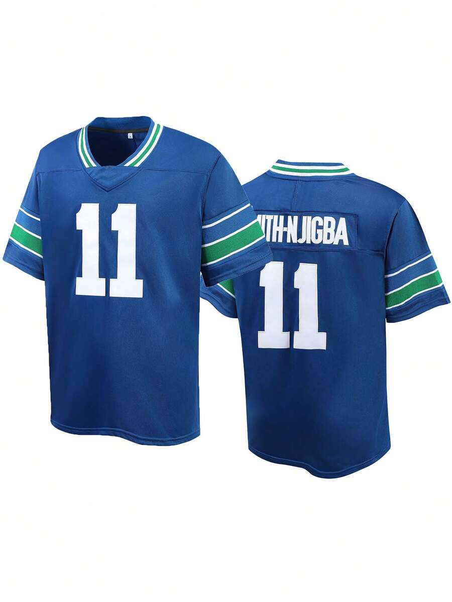 Atonmore 11# Blue American Football Casual Short Sleeve Embroidered V-Neck T-Shirt, Party & Football Sports Wear For Men Spring - Blue - View 1
