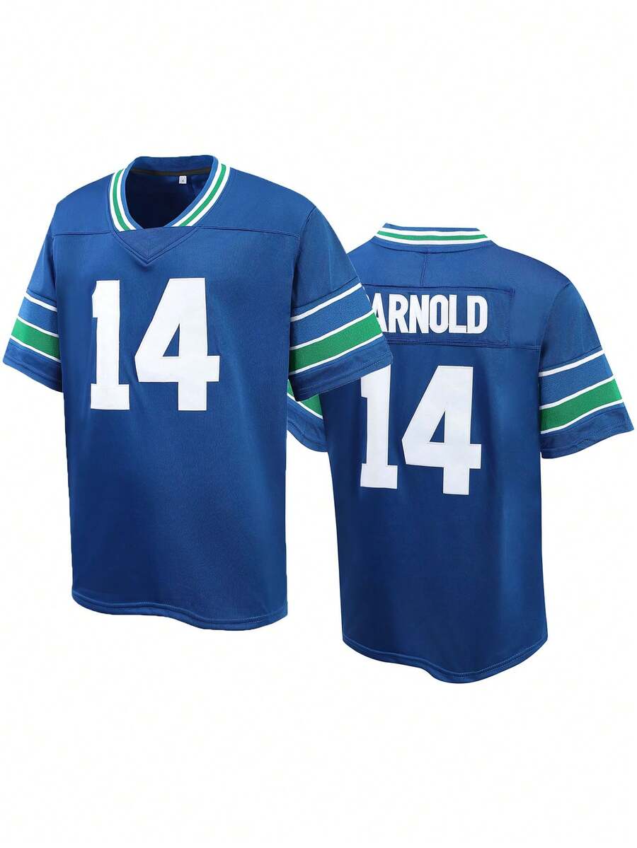 Atonmore 14# Blue American Football Casual Short Sleeve V-Neck Embroidery Patchwork T-Shirt, Party & Sports Wear - Blue - View 1