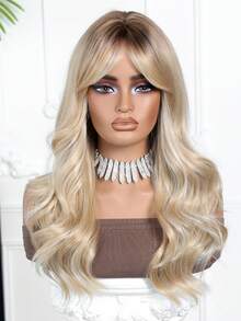 20 Inch Ombre Golden Wavy Bangs Medium Length Middle Part Curly Synthetic Heat Resistant Wig, Suitable For Daily Wear, Parties, Gifts For Girls, Summer Graduation, Ready-To-Gift, Halloween & Christmas Gifts - Tóc vàng ombre - Xem 3