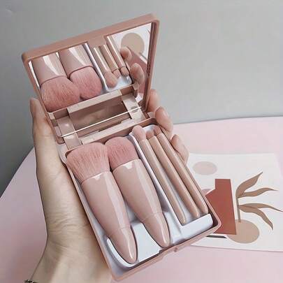 5件套便携式化妆刷套装，带镜盒，多功能眼影刷和粉底刷，方便旅行携带