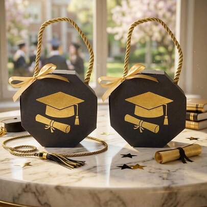 10pcs Graduation Cap Shaped Candy Gift Box Set, Ideal For Packaging Chocolates During Graduation Ceremonies. These Octagonal Mini Handled Gift Boxes Are Perfect For Parties