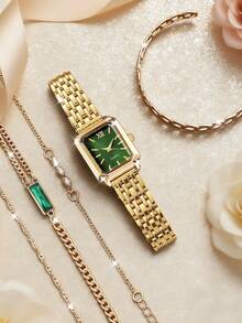 5pcs Women's Fashion Square Dial Quartz Wrist Watches, Comes With Steel Strap And Chain, Classic Design, No Watch Box Included - Gold - View 5