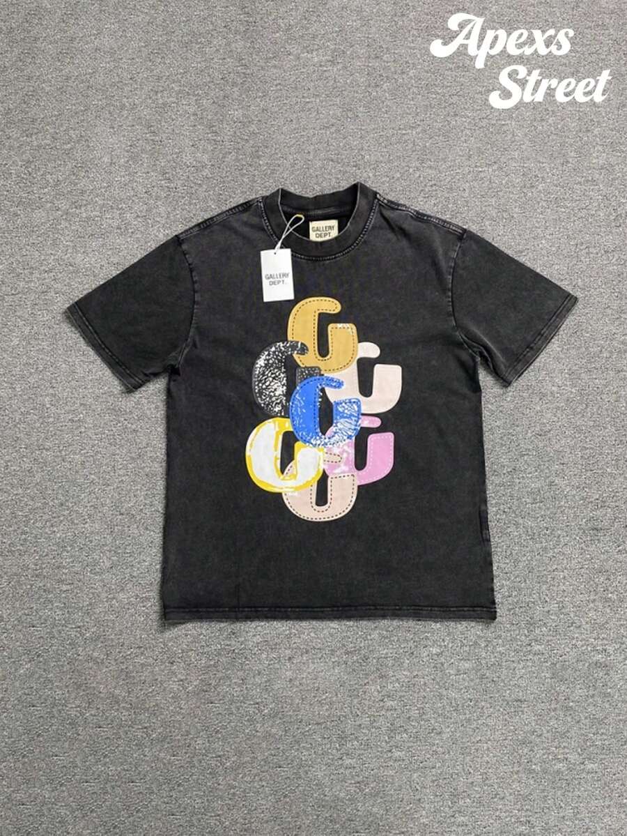 Gallery  Stacked G T-Shirt Black, High-Quality Washed Cotton Printed T-Shirts, Menswear, Suitable For Street Retro Style As Well As Outdoor Sports And Leisure Occasions, Comfortable And Stylish, Y2K Apparel, Fashion T-Shirts, Streetwear, Exquisite Gifts. - 黑色 - 查看 1