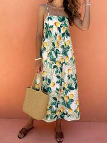 Women's Casual Elegant Vacation Style Lemon Leaf All-Over Print Spaghetti Strap Dress, Spring/Summer - Multicolor - View 5