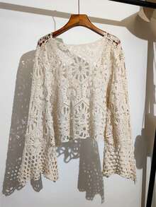 女士夏季波西米亚风钩针编织罩衫，手工镂空针织罩衫，喇叭袖设计，前系带，适合节日、海滩度假、母亲节礼物 - 杏色 - 查看 3