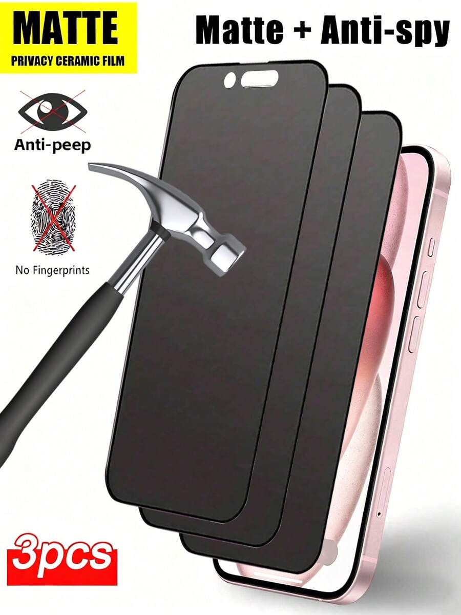 3片装磨砂防窥陶瓷屏幕保护膜，兼容 17/Air/17 Pro/17 Pro Max/16 Pro Max/16 Pro/16 Plus/16/15 Pro Max/14 Pro Max/13/12/11系列，全覆盖，防指纹，防摔，防刮花