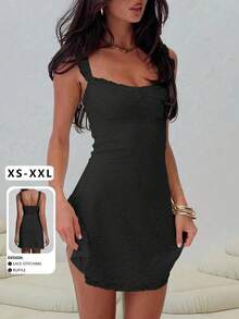 Elegant Fashion Ruffle Strap Bow Design Lace Patchwork Sleeveless Slim Fit Mini Dress Party - 黑色 - 查看 1