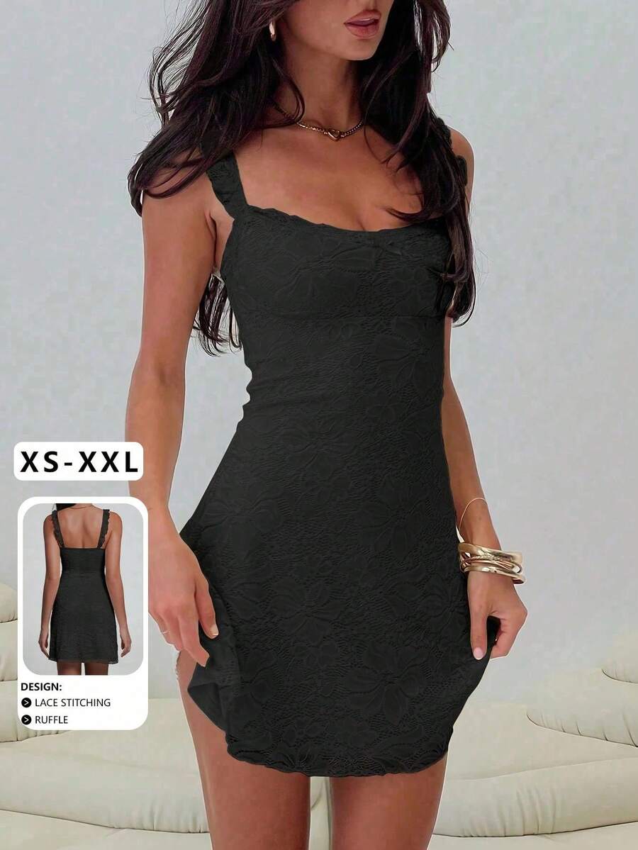 Elegant Fashion Ruffle Strap Bow Design Lace Patchwork Sleeveless Slim Fit Mini Dress Party - 黑色 - 查看 1