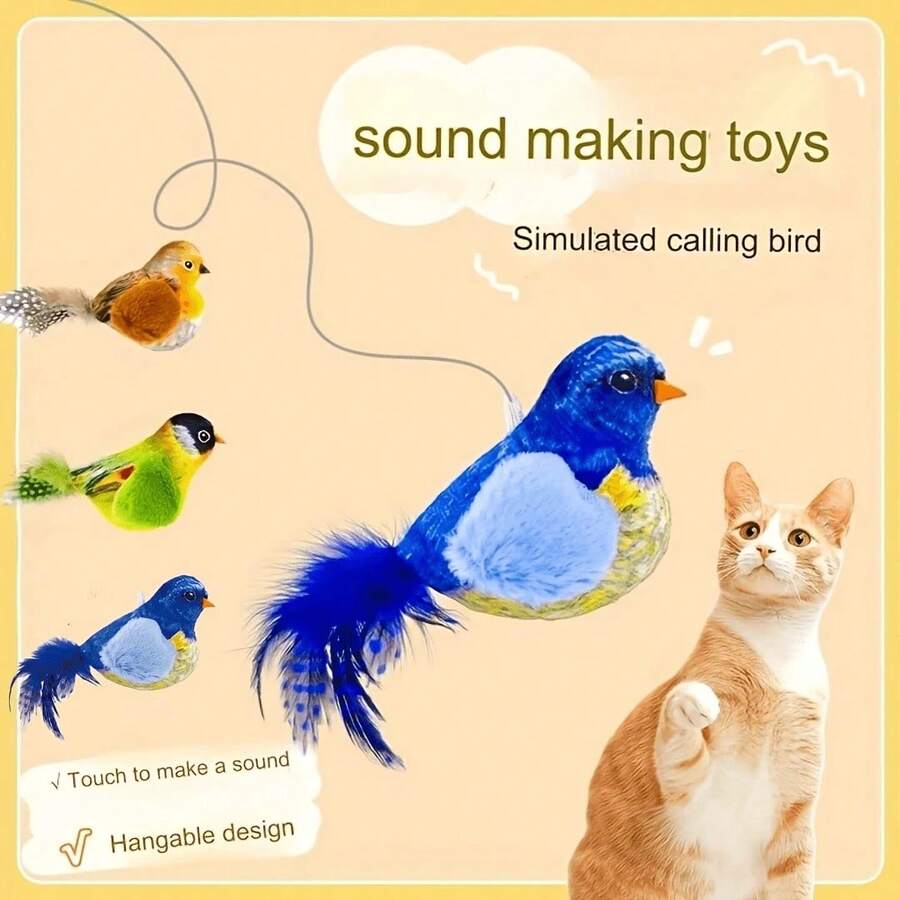 Interactive Cat Toy - Realistic Chirping Sound, Artificial Feathers, Soft Feather Wand, Handcrafted Design, Solo Play & Hunting Fun, Suitable For All Cats