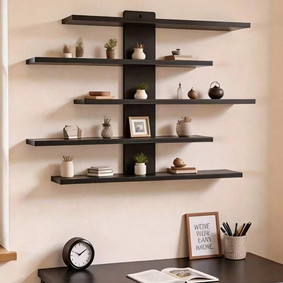 Estantería de almacenamiento de pared multicapa, hecha de tablero de fibra, estantería de exhibición multifuncional, adecuada para la oficina y la decoración del hogar, puede almacenar esculturas y decoraciones, estética y práctica - Negro - Ver 1