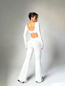 FWH Fashionable Outdoor Yoga, Pilates, Commuting, Date Essential Elastic Sexy Jumpsuit, Ruched Design On Buttocks Lifts And Slims Legs, Removable Built-In Bra, Long Sleeves, Elegant Back Design, High-Waisted Tummy Control, Flared Hem, Slim-Fit Flattering, Fresh Bright Colors - White - View 4