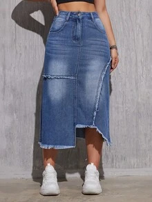 女士不对称下摆优雅时尚流苏水洗牛仔半身裙度假休闲春季 - 中等水洗藍 - 查看 4