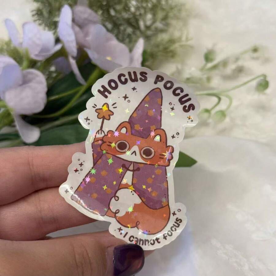 魔法猫贴纸 - 可爱的Q版魔法猫手持魔杖和魔法书 - 可重复使用的防水乙烯基贴纸，适用于日记本、计划本、笔记本电脑、手机 - 魔法帽和星星图案（适合粉丝） - 彩色 - 查看 1