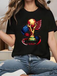 2026 World Cup Usa Flag Trophy Print Women T Shirt Football Cup Design Casual Round Neck Women Short Sleeve For Sports Events And Daily Wear,Perfect For Celebrating The World Cup,Women's Clothing - 黑色 - 查看 9