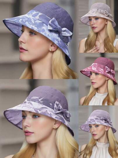 1顶女士优雅印花帽，春夏蝴蝶结装饰宽檐渔夫帽，户外防晒轻便透气百搭时尚帽，适合旅行、度假和日常通勤。
