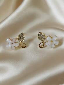1 Pair Fashionable Delicate Sweet Unique Rhinestone Flower & Leaf Stud Earrings, Versatile For Women Daily, Festival, Date Wear - Flowers and Leaves - View 2
